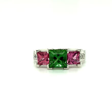 Load image into Gallery viewer, Green Tourmaline Pink Spinel Diamond 18 Carat White Gold Ring