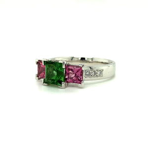 Green Tourmaline Pink Spinel Diamond 18 Carat White Gold Ring