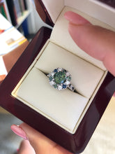 Load image into Gallery viewer, 2.11 Carat Round Brilliant Cut Green Parti Sapphire and Diamond Halo Engagement Ring
