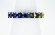 Load image into Gallery viewer, Barcelona Rainbow Princess Cut Sapphire 18 Carat White Gold Eternity Band Ring