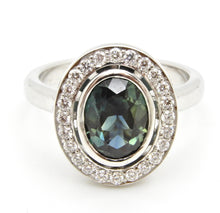 Load image into Gallery viewer, 1.65 Carat Oval Cut Teal Blue Sapphire and Diamond Engagement Ring