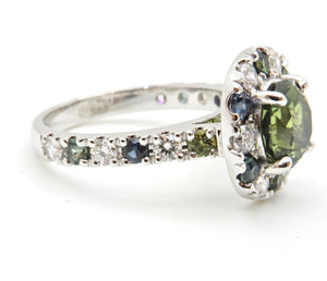 2.11 Carat Round Brilliant Cut Green Parti Sapphire and Diamond Halo Engagement Ring