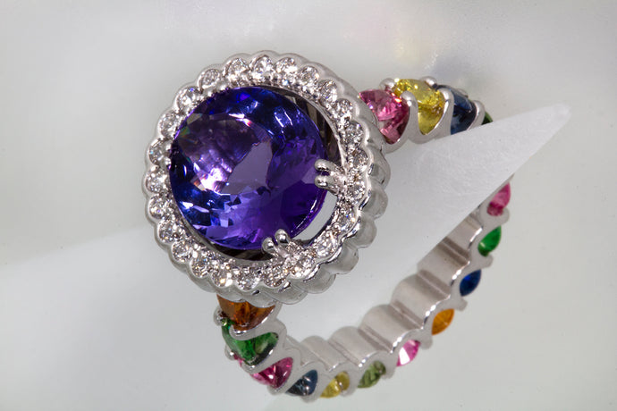 4.65 Carat Oval Tanzanite Diamond and Rainbow Gemstone Cocktail Ring