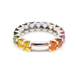 Barcelona Rainbow Princess Cut Sapphire 18 Carat White Gold Eternity Band Ring