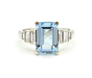 2.5 Carat Emerald Cut Aquamarine and Diamond Platinum Engagement Ring