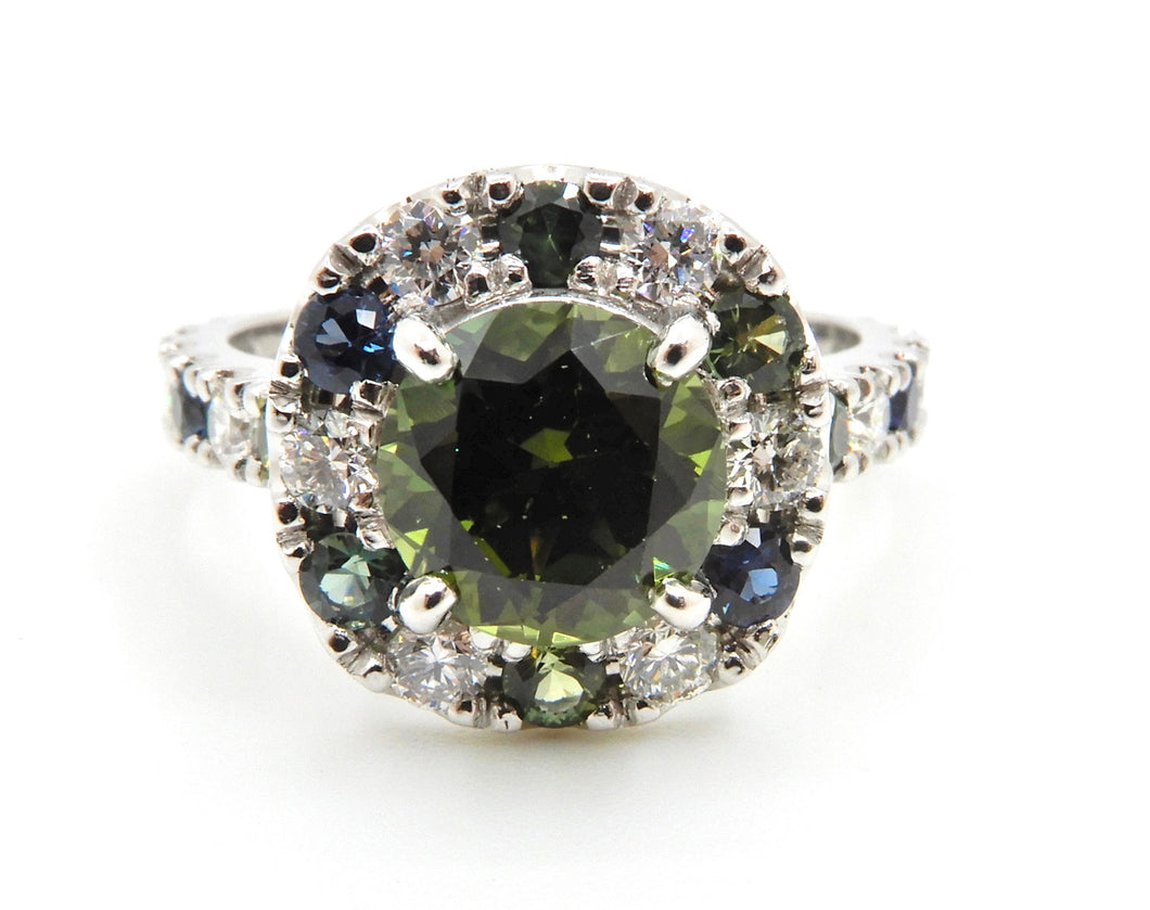 2.11 Carat Round Brilliant Cut Green Parti Sapphire and Diamond Halo Engagement Ring