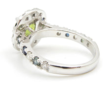 Load image into Gallery viewer, 2.11 Carat Round Brilliant Cut Green Parti Sapphire and Diamond Halo Engagement Ring