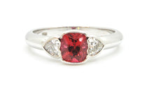 Load image into Gallery viewer, Red Spinel and Heart Cut Diamond White Gold Handmade Three-Stone Engagement Ring