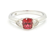 Load image into Gallery viewer, Red Spinel and Heart Cut Diamond White Gold Handmade Three-Stone Engagement Ring