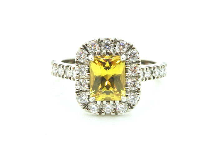 1.27 Carat Radian Cut Yellow Sapphire and Diamond Halo Engagement Ring