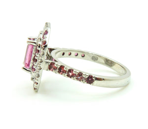 0.82 Carat Pink Sapphire Diamond Double Halo 18 Carat White Gold Engagement Ring