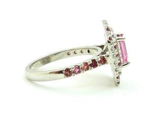 0.82 Carat Pink Sapphire Diamond Double Halo 18 Carat White Gold Engagement Ring