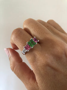 Green Tourmaline Pink Spinel Diamond 18 Carat White Gold Ring